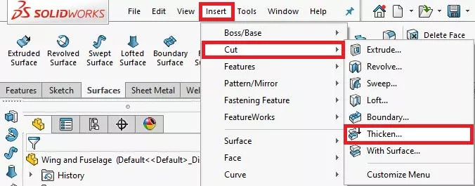 Insert Cut and Thicken in SOLIDWORKS
