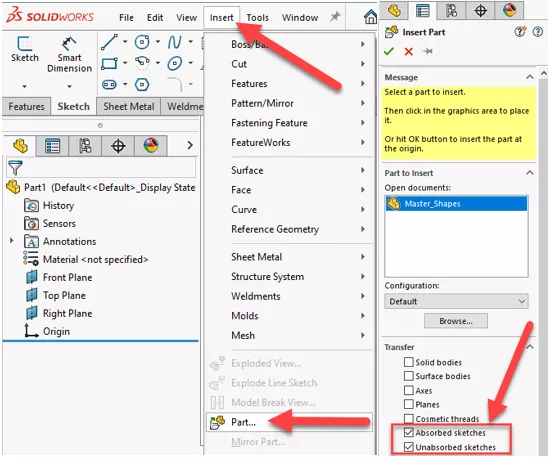 Using SOLIDWORKS Insert Part Command on Master Model 