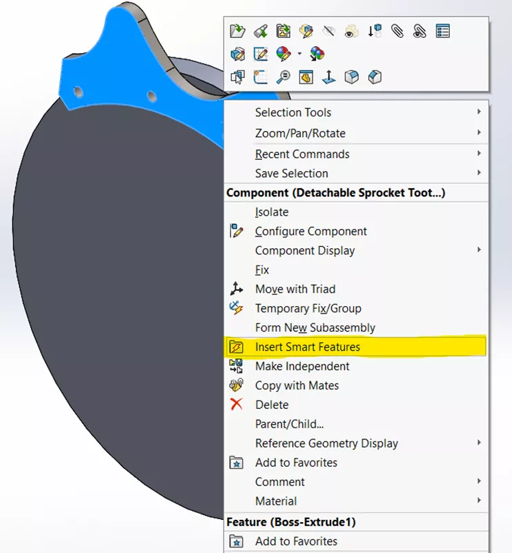 Insert Smart Features Option in SOLIDWORKS 