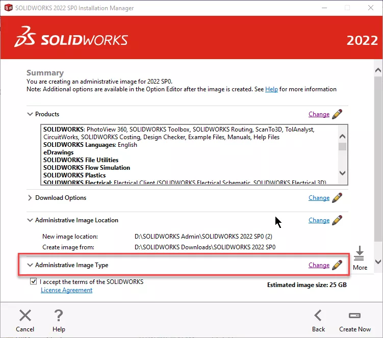 SOLIDWORKS Installation Manager Administrative Image Type Dropdown 