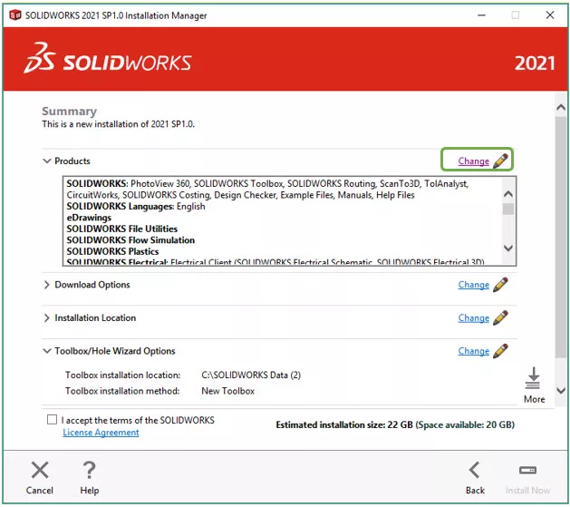 SOLIDWORKS Installation Manager Change Products