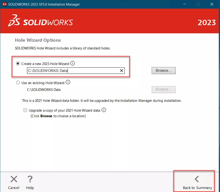 SOLIDWORKS Installation Manager Create New 2023 Hole Wizard Option
