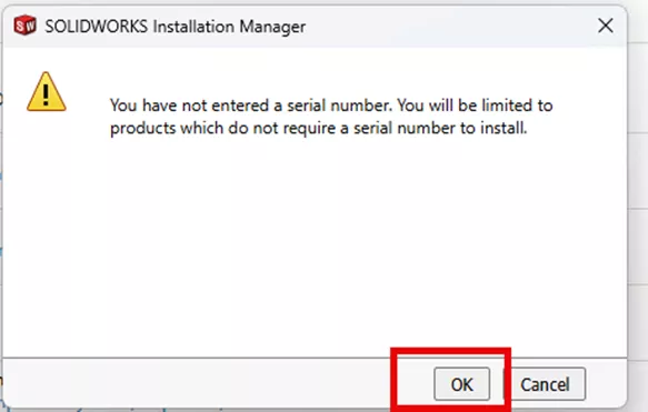 SOLIDWORKS Installation Manager No Serial Number Warning Message