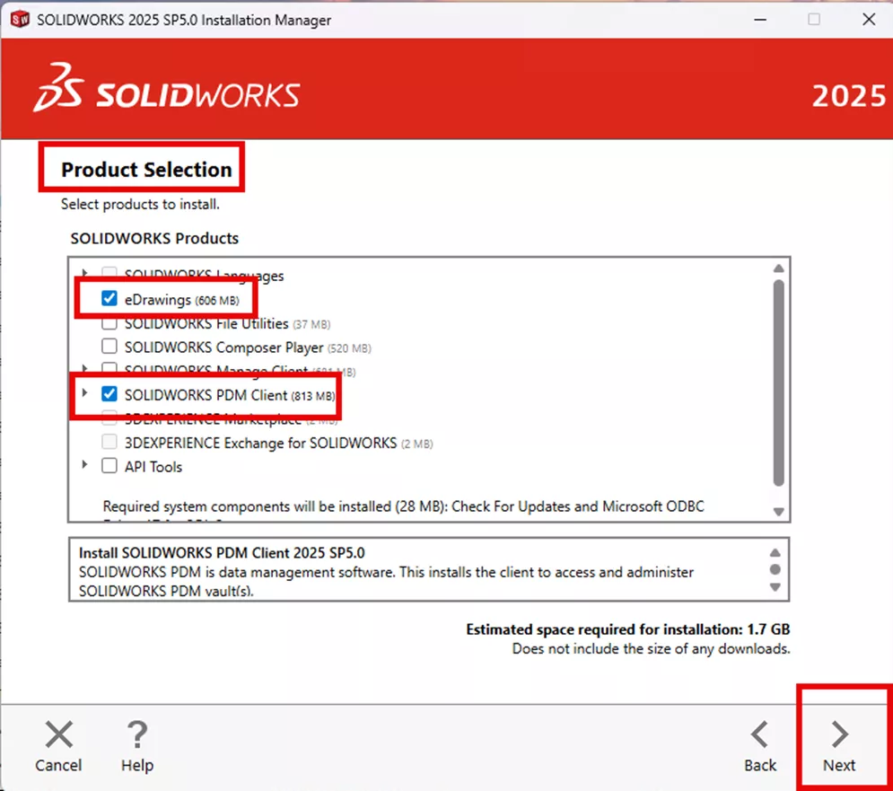 SOLIDWORKS Installation Manager Product Selection eDrawings and PDM Client 