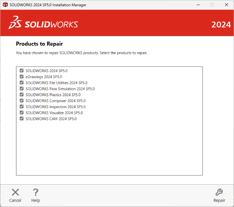 solidworks installation manager products to repair