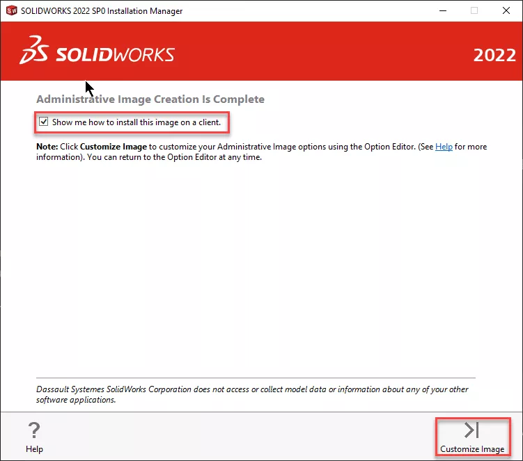 Show Me How to Install this Image on a Client Checkbox SOLIDWORKS Installation Manager
