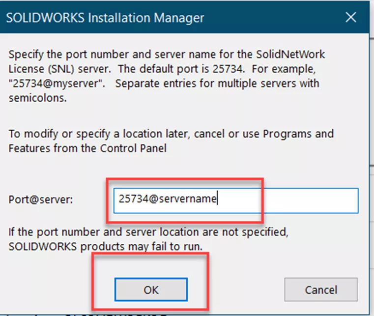 SOLIDWORKS Installation Manager Specify the port number and server name for the SolidNetWork License Server. 