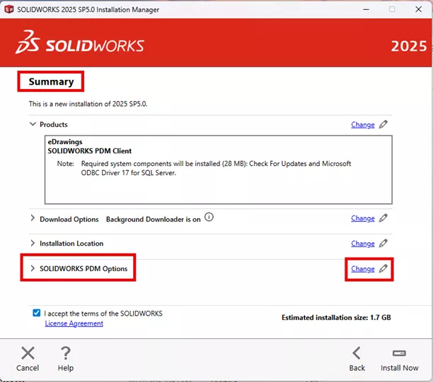 On the&nbsp;Summary&nbsp;screen, select&nbsp;Change&nbsp;for&nbsp;SOLIDWORKS PDM Options
