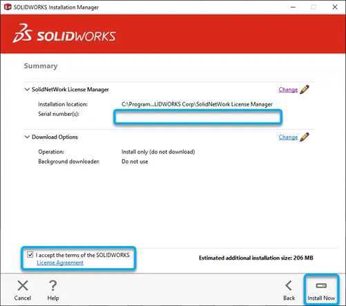 SOLIDWORKS Installation Manager Summary Page