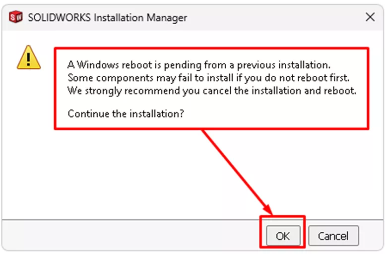 SOLIDWORKS Installation Manager Warning "A Windows reboot is pending form a previous installation."