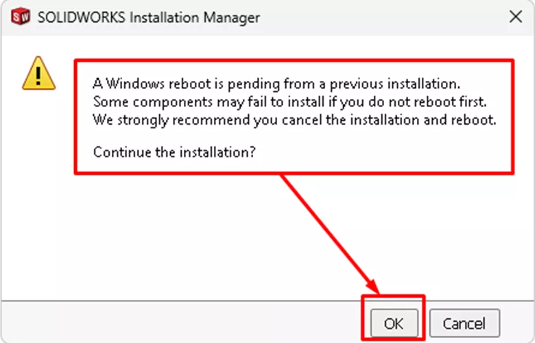 SOLIDWORKS Installation Manager Windows Reboot is Pending Warning