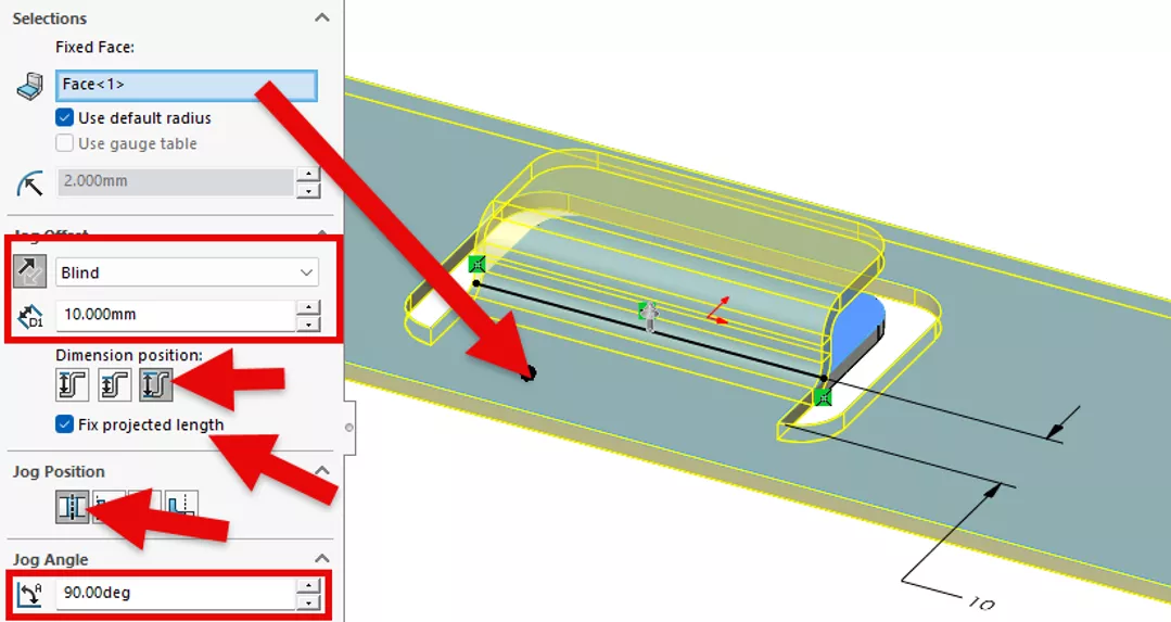 SOLIDWORKS Jog Feature Dimensions, Position, and Angle 