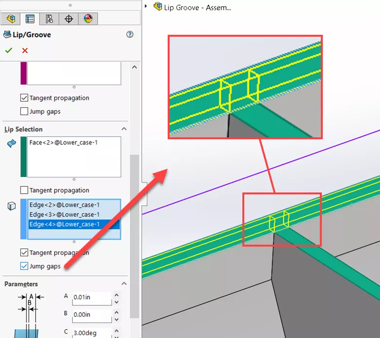 SOLIDWORKS Jump Gaps Option Turned On