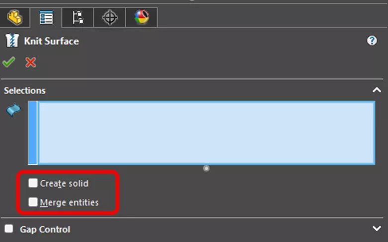 SOLIDWORKS Knit Surfaces Command Create Solid and Merge Entities Options