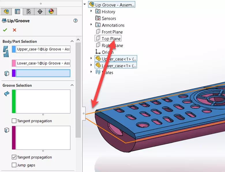 SOLIWORKS Lip/Groove Planar Face Direction