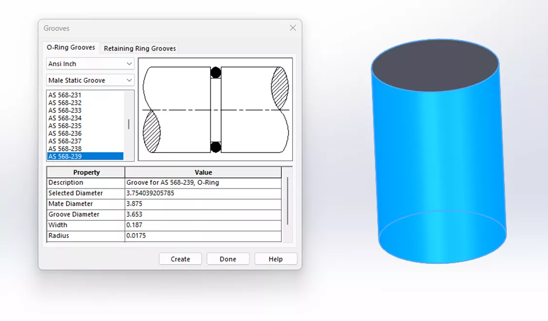 Example of a Male Static Groove O-Ring Type in SOLIDWORKS 