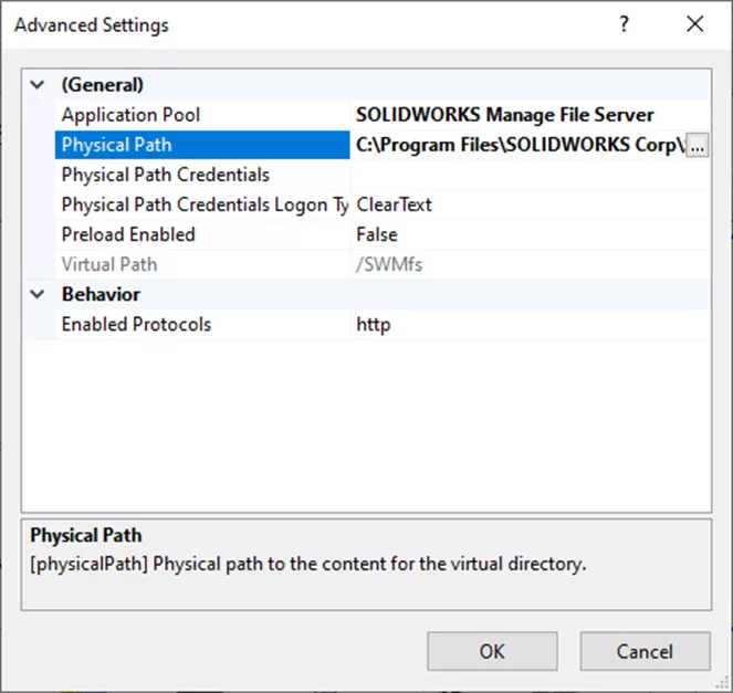 SOLIDWORKS Manage Advanced Settings Physical Path Option 