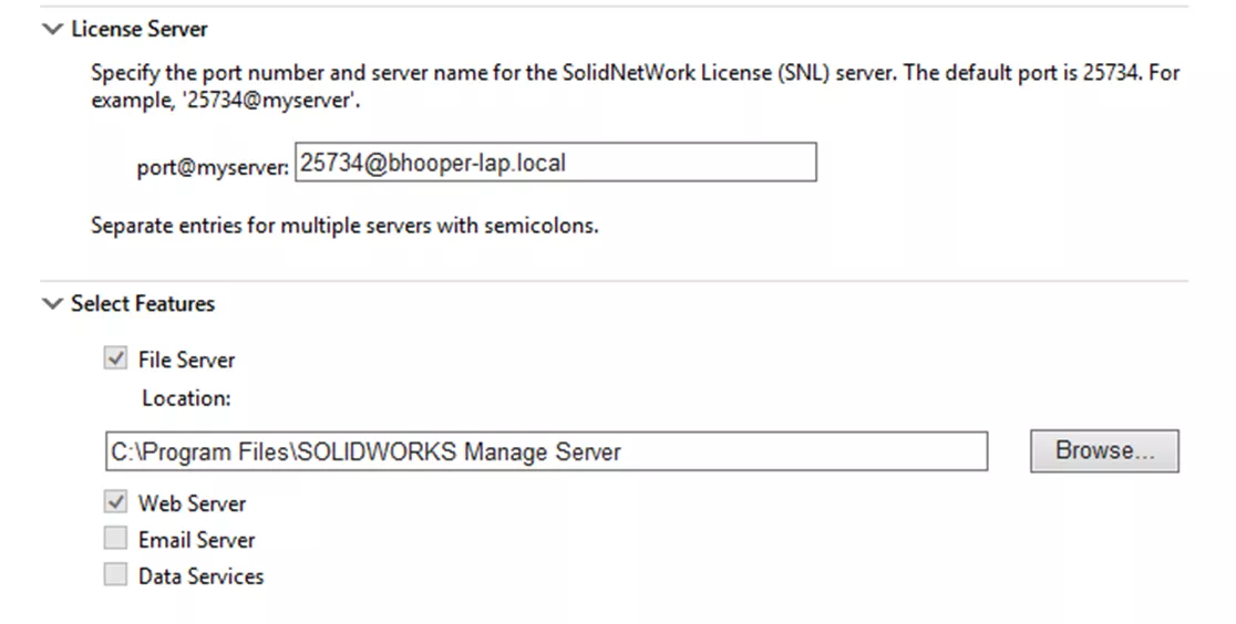 SOLIDWORKS Manage License Server and Select Features Options