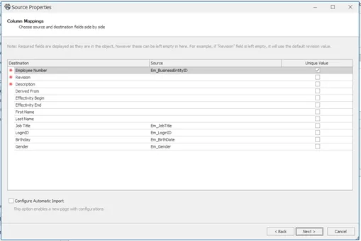 SOLIDWORKS Manage Source Properties Window for Column Mapping