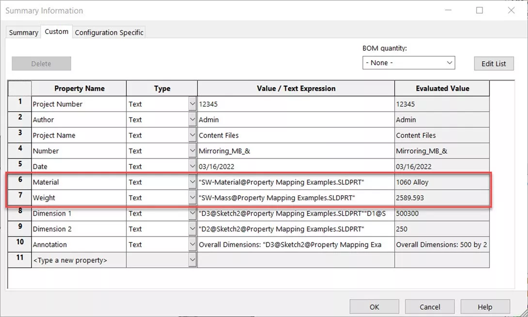 SOLIDWORKS Material Summary Information