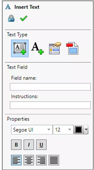 SOLIDWORKS MBD Insert Text Dialogue with Text Type Set to Text Field