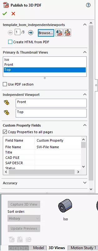 SOLIDWORKS MBD Publish to 3D PDF PropertyManager and 3D Views tab