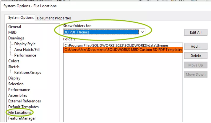 SOLIDWORKS MBD File Locations System Options page with an example custom 3D PDF template location