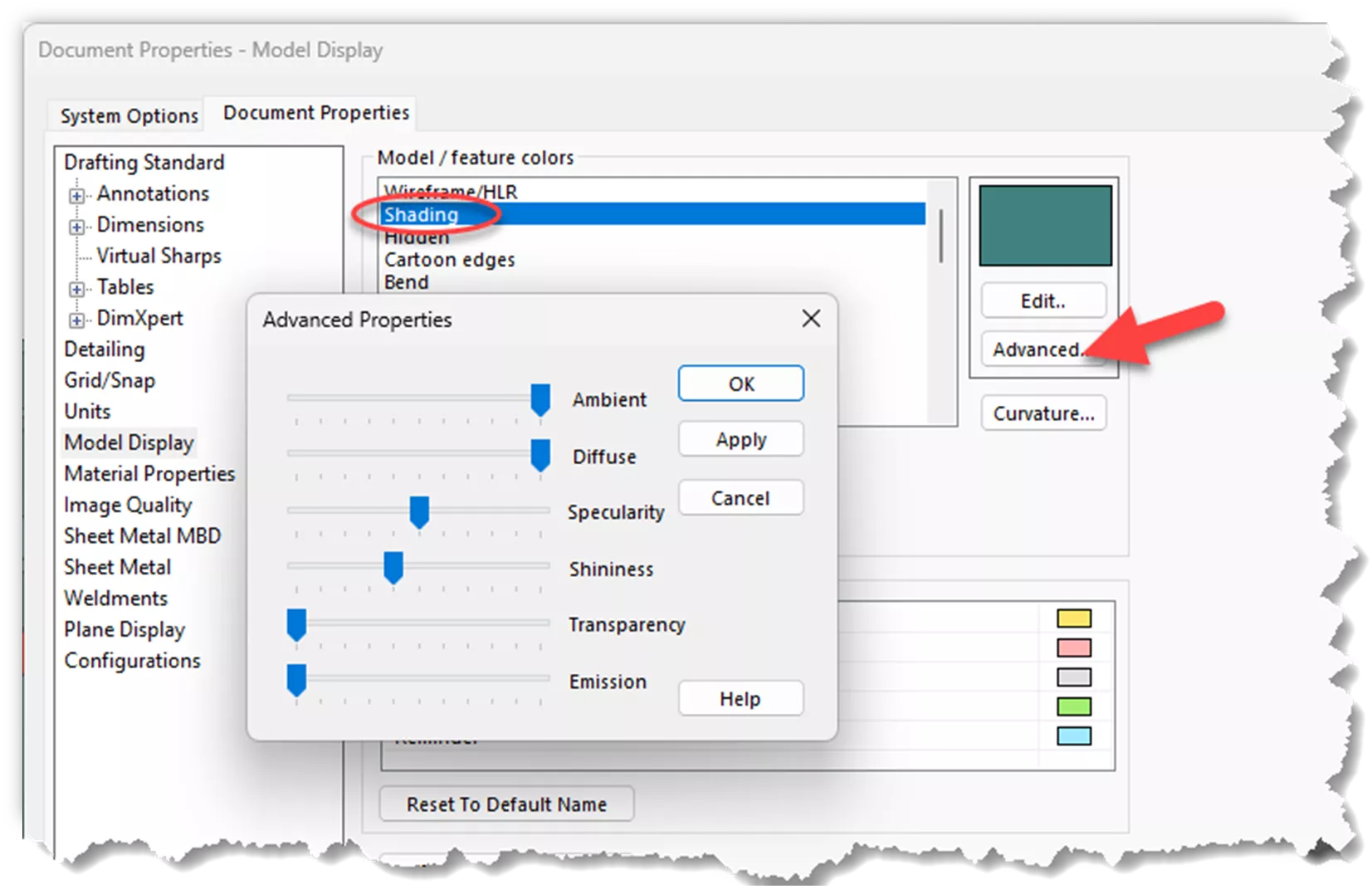 SOLIDWORKS Model Display Advanced Properties Settings