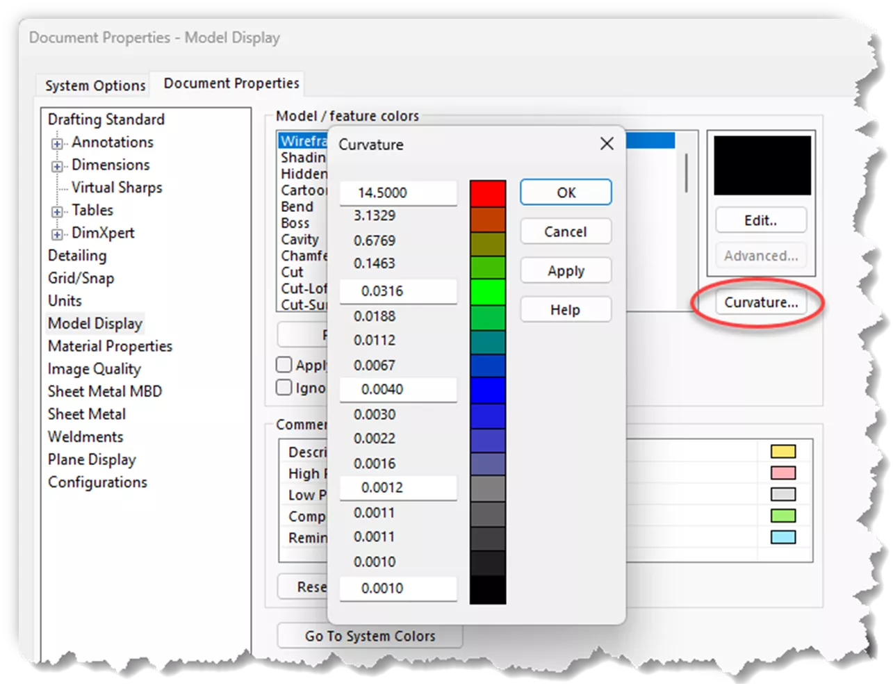 SOLIDWORKS Model Display Curvature Settings