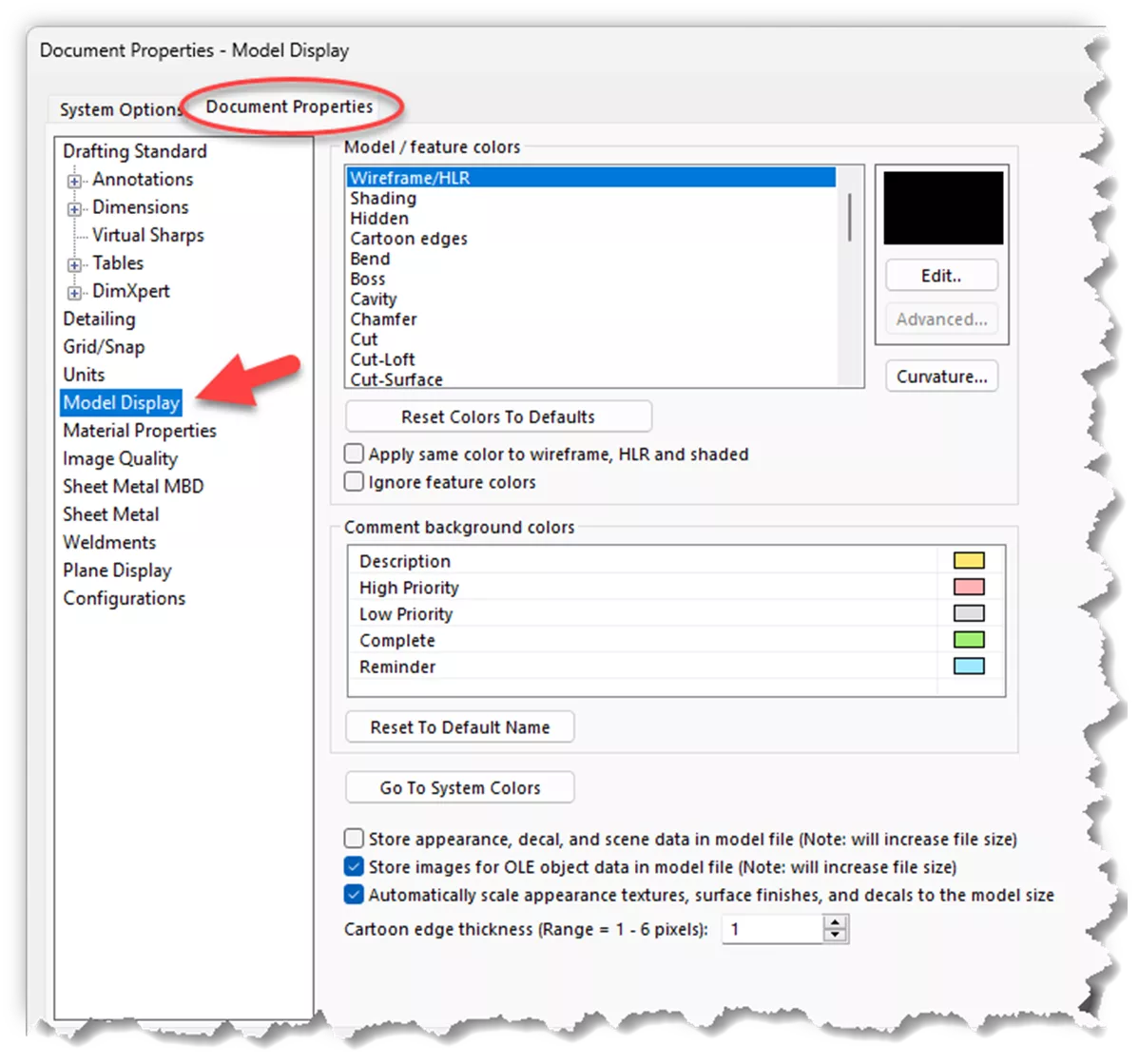 Where are Model Display Properties in SOLIDWORKS Located?