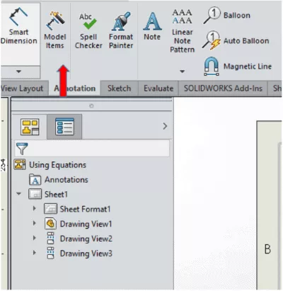 SOLIDWORKS Model Items Tool Location