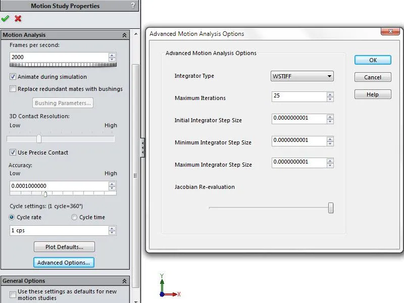 SOLIDWORKS Motion Advanced Motion Analysis Options