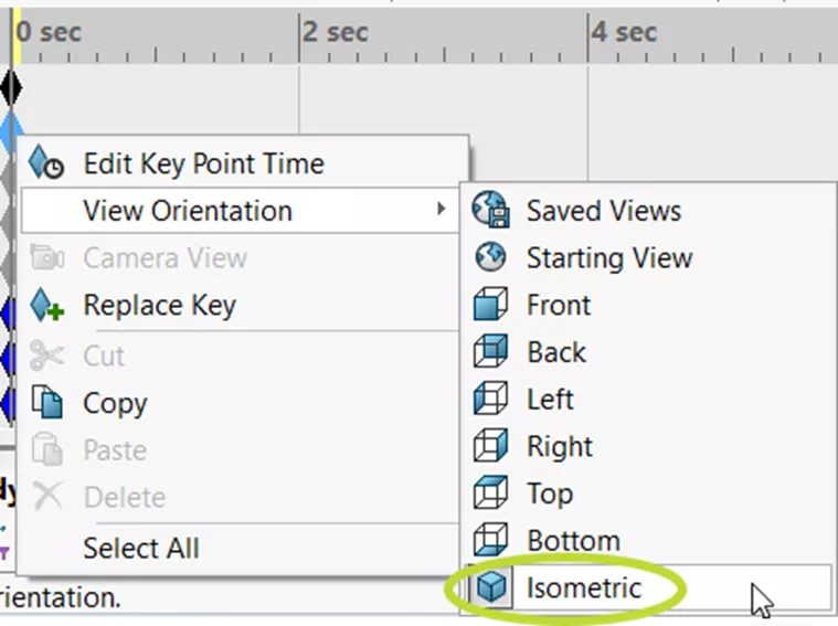 SOLIDWORKS right-click menu for view orientation key at 0 sec