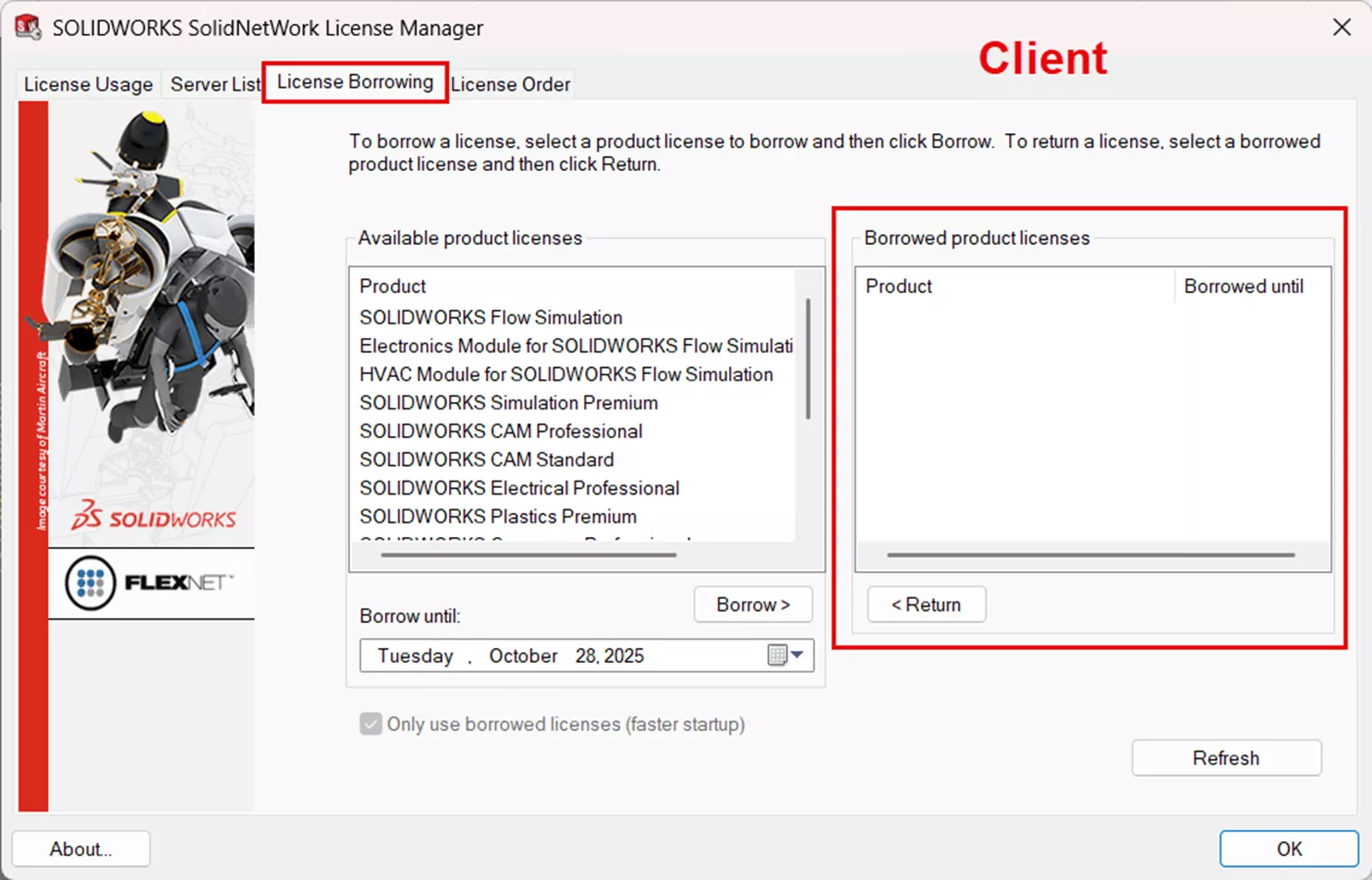 SOLIDWORKS Network License Borrowing Client Machine
