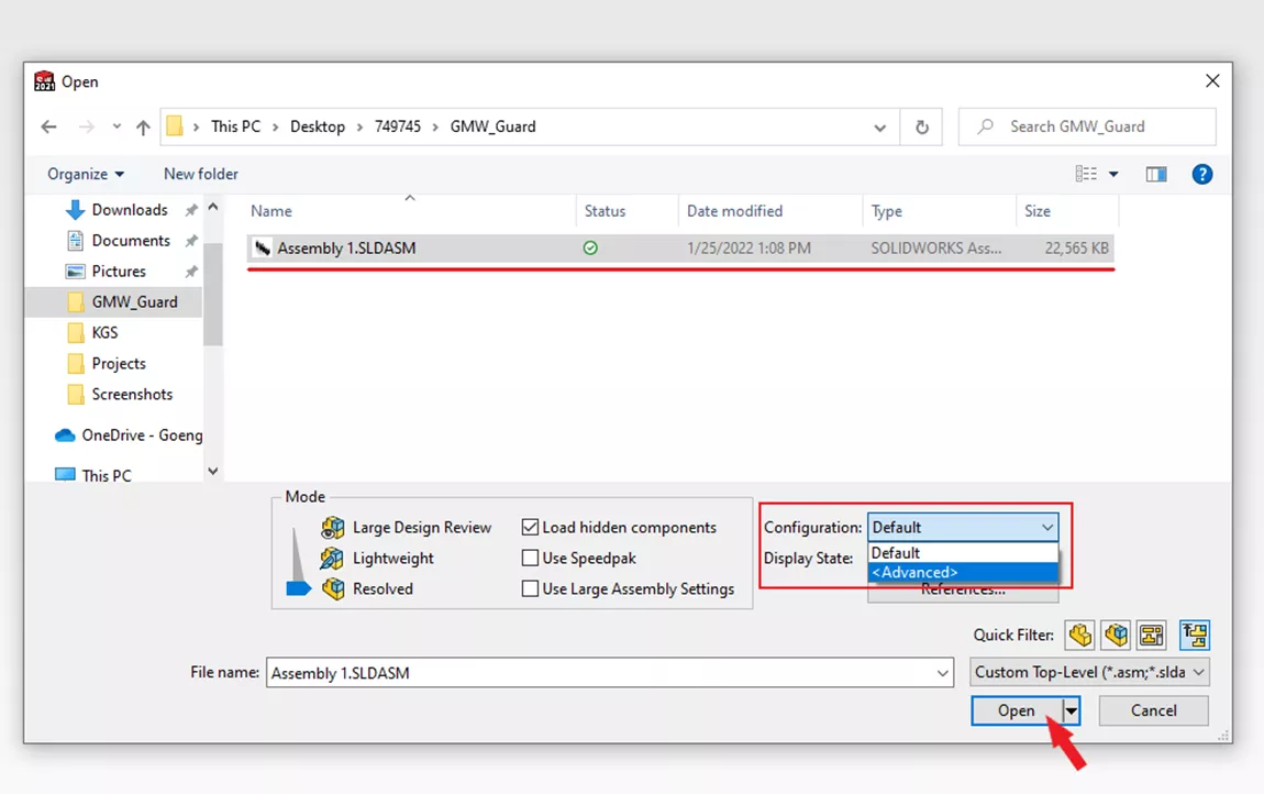 SOLIDWORKS Open Assembly in New Configuration Method 