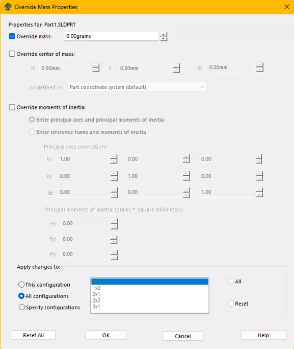 Override Mass Properties in SOLIDWORKS
