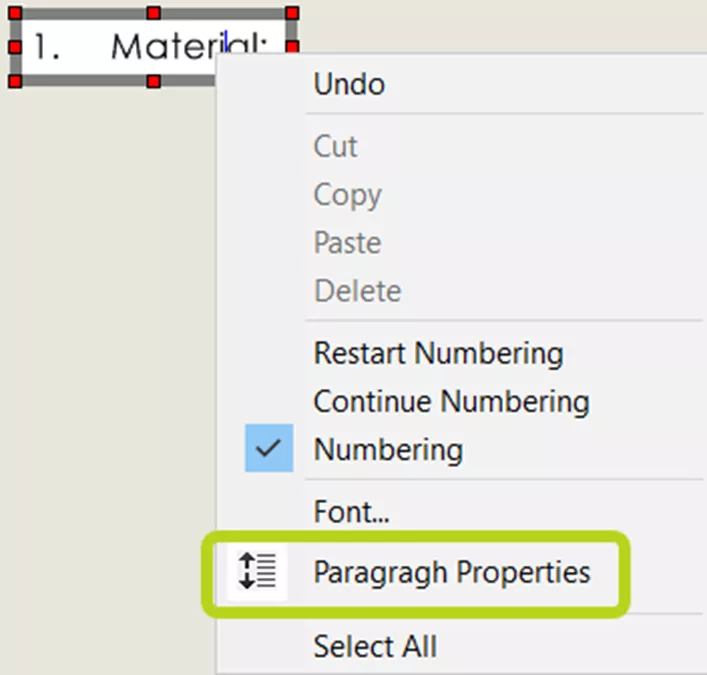 SOLIDWORKS Paragraph Properties in Note In-Context Menu