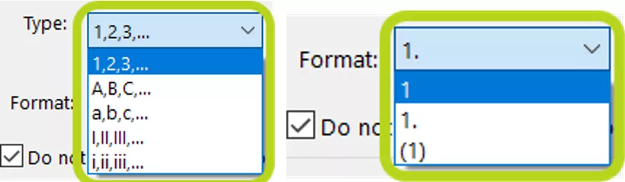 SOLIDWORKS Paragraph Properties Type Dropdown (left) and Format Dropdown (right)