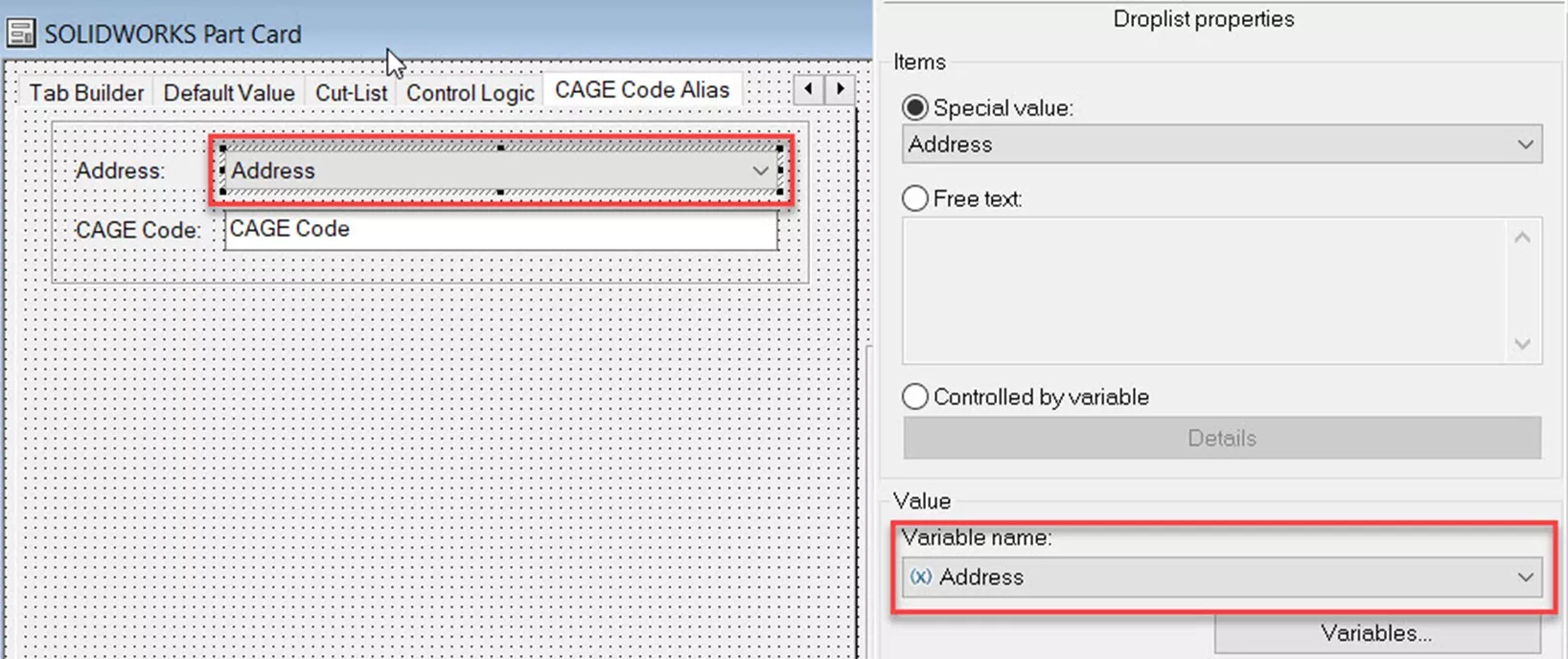 Create a Droplist control and assign it the Address variable in SOLIDWORKS PDM