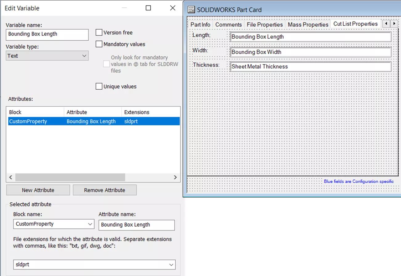 SOLIDWORKS Part Card Edit Variable Options