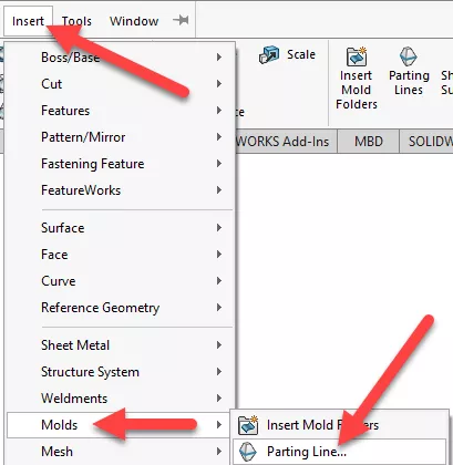 SOLIDWORKS Parting Line Command Location 