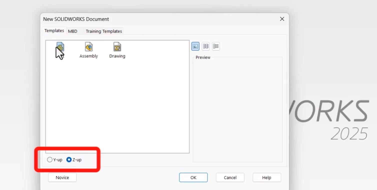 Y-up and Z-up Orientation Options in SOLIDWORKS 2025