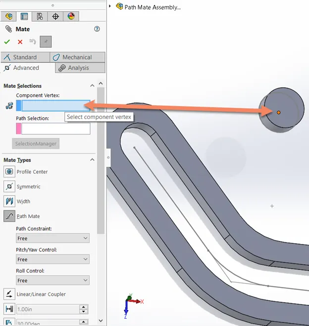 Component Vertex Selection SOLIDWORKS Path Mate
