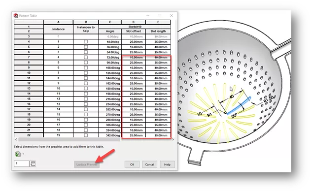 SOLIDWORKS Pattern Table Update View Option