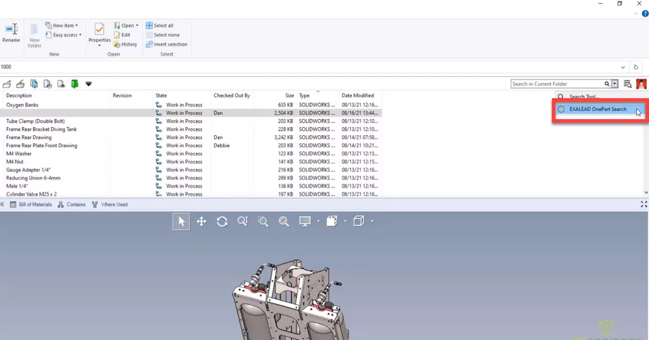 SOLIDWORKS PDM 2022 EXALEAD Búsqueda de una sola pieza 