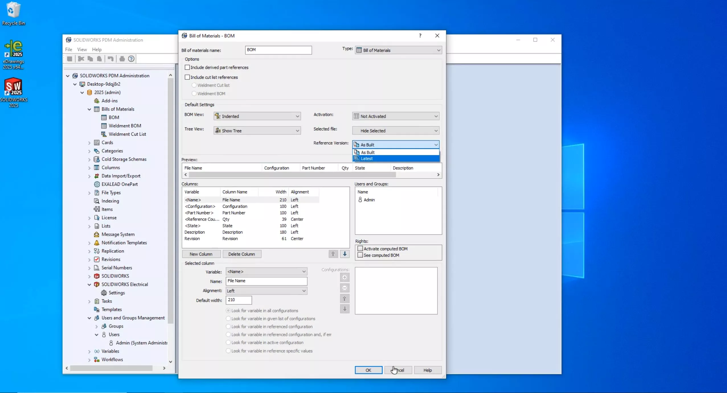 SOLIDWORKS PDM 2025 BOM Configurations