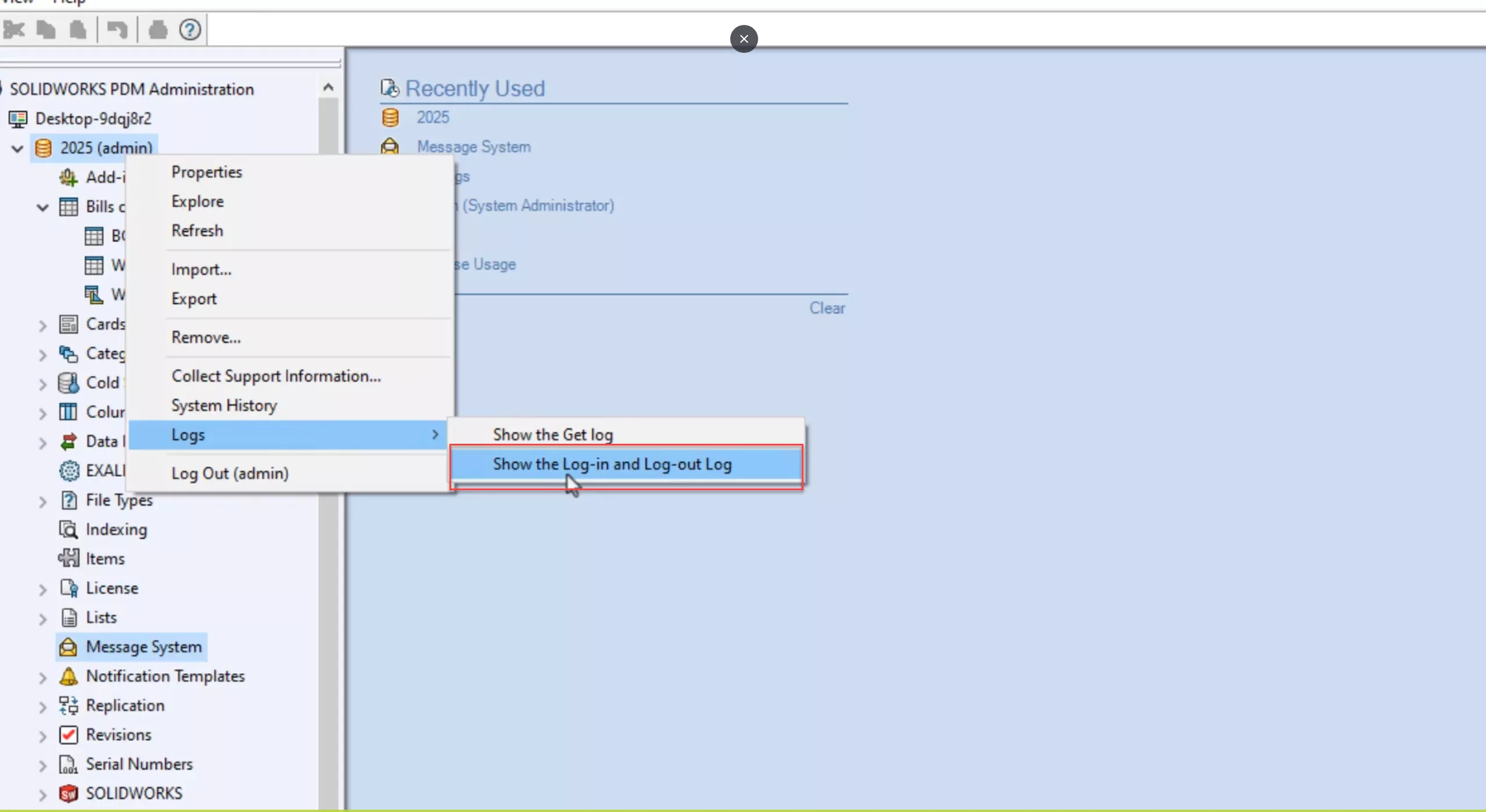 SOLIDWORKS PDM 2025 Show the Log-in and Log-out Log Option