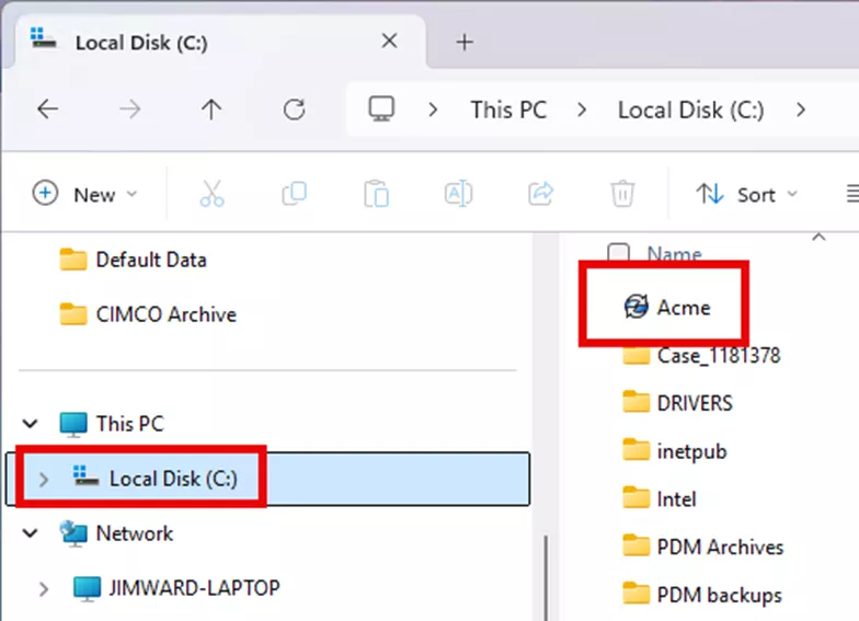 SOLIDWORKS PDM vault view&nbsp;Acme&nbsp;at the root of the “C” drive.