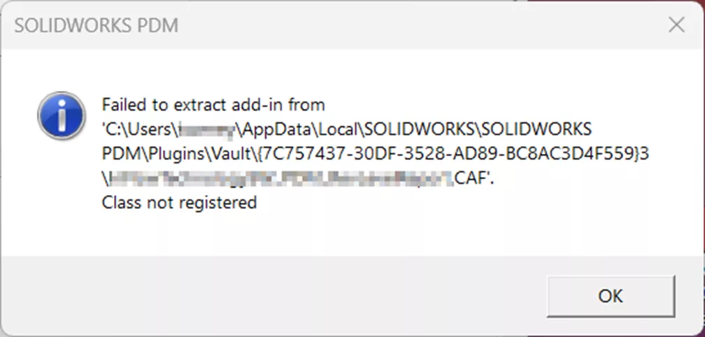 SOLIDWORKS PDM Add-in Error Failed to Extract Add-in