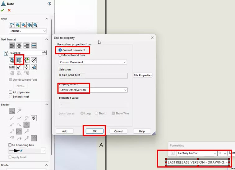 Add Text to the Face of the Drawing that Links to the Drawing Property in SOLIDWORKS PDM 